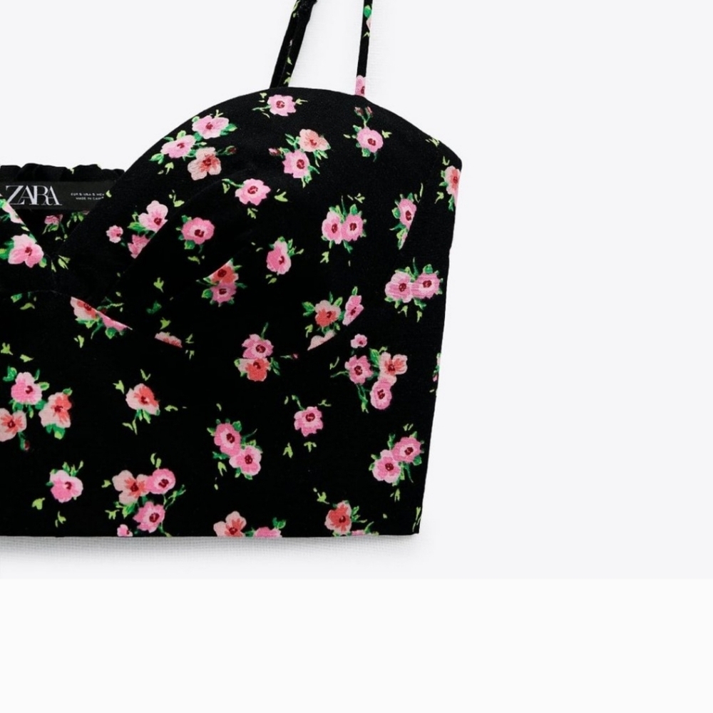 ZARA Floral Bustier Corset Crop Top Black Pink Size Small - Picture 8 of 9